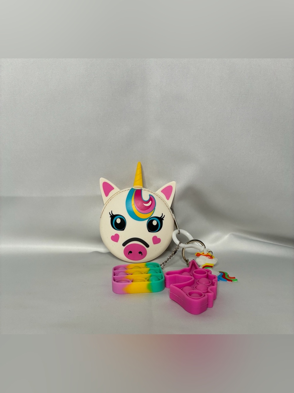 Unbranded Rainbow Unicorn Coin Purse w/Keychain Pop-It Toys - White & Pink
